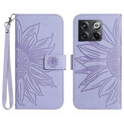 For OnePlus 10T 5G / Ace Pro 5G HT04 Sunflower Imprinted PU Leather Wallet Cover Skin-Touch Flip Stand Phone Drop-proof Case with Hand Strap