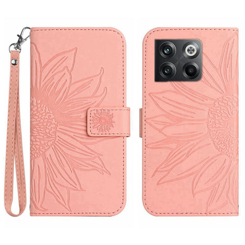 For OnePlus 10T 5G / Ace Pro 5G HT04 Sunflower Imprinted PU Leather Wallet Cover Skin-Touch Flip Stand Phone Drop-proof Case with Hand Strap