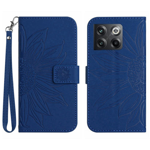 For OnePlus 10T 5G / Ace Pro 5G HT04 Sunflower Imprinted PU Leather Wallet Cover Skin-Touch Flip Stand Phone Drop-proof Case with Hand Strap