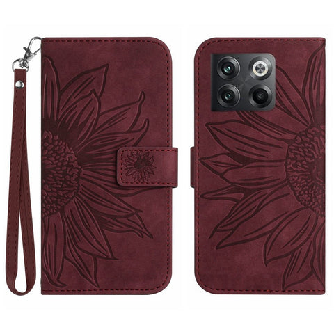 For OnePlus 10T 5G / Ace Pro 5G HT04 Sunflower Imprinted PU Leather Wallet Cover Skin-Touch Flip Stand Phone Drop-proof Case with Hand Strap