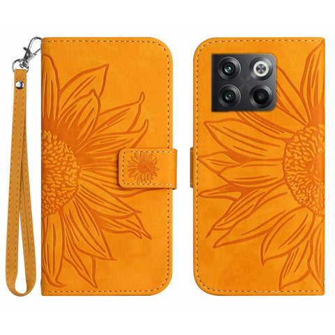 For OnePlus 10T 5G / Ace Pro 5G HT04 Sunflower Imprinted PU Leather Wallet Cover Skin-Touch Flip Stand Phone Drop-proof Case with Hand Strap