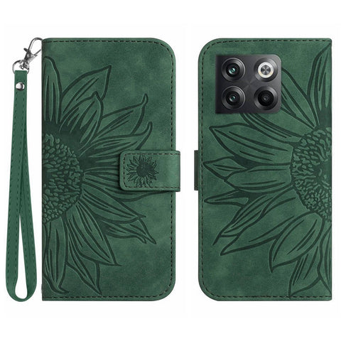 For OnePlus 10T 5G / Ace Pro 5G HT04 Sunflower Imprinted PU Leather Wallet Cover Skin-Touch Flip Stand Phone Drop-proof Case with Hand Strap