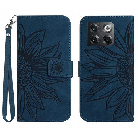 For OnePlus 10T 5G / Ace Pro 5G HT04 Sunflower Imprinted PU Leather Wallet Cover Skin-Touch Flip Stand Phone Drop-proof Case with Hand Strap