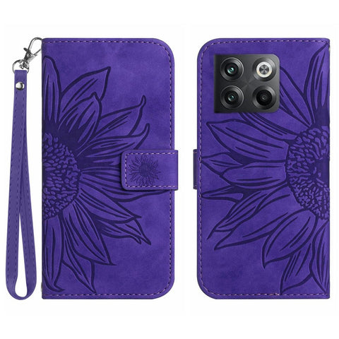 For OnePlus 10T 5G / Ace Pro 5G HT04 Sunflower Imprinted PU Leather Wallet Cover Skin-Touch Flip Stand Phone Drop-proof Case with Hand Strap