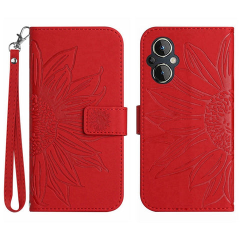 For OnePlus Nord N20 5G / Reno8 Lite 5G / Reno7 Lite 5G / Reno8 Z 5G / Reno7 Z 5G HT04 Phone Case, Fall-proof Skin-Touch PU Leather Imprinted Sunflower Stand Wallet Cover with Hand Strap