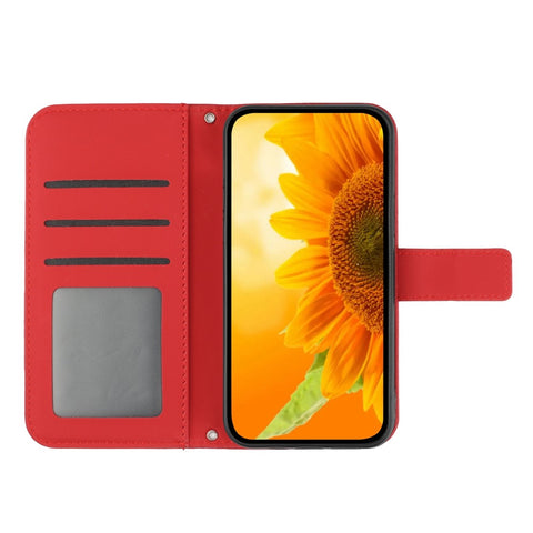 For OnePlus Nord N20 5G / Reno8 Lite 5G / Reno7 Lite 5G / Reno8 Z 5G / Reno7 Z 5G HT04 Phone Case, Fall-proof Skin-Touch PU Leather Imprinted Sunflower Stand Wallet Cover with Hand Strap