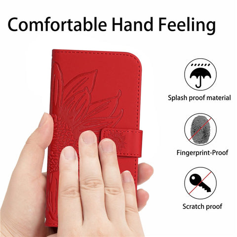 For OnePlus Nord N20 5G / Reno8 Lite 5G / Reno7 Lite 5G / Reno8 Z 5G / Reno7 Z 5G HT04 Phone Case, Fall-proof Skin-Touch PU Leather Imprinted Sunflower Stand Wallet Cover with Hand Strap