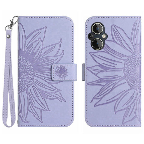 For OnePlus Nord N20 5G / Reno8 Lite 5G / Reno7 Lite 5G / Reno8 Z 5G / Reno7 Z 5G HT04 Phone Case, Fall-proof Skin-Touch PU Leather Imprinted Sunflower Stand Wallet Cover with Hand Strap