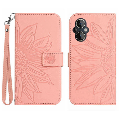 For OnePlus Nord N20 5G / Reno8 Lite 5G / Reno7 Lite 5G / Reno8 Z 5G / Reno7 Z 5G HT04 Phone Case, Fall-proof Skin-Touch PU Leather Imprinted Sunflower Stand Wallet Cover with Hand Strap