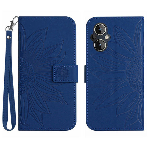 For OnePlus Nord N20 5G / Reno8 Lite 5G / Reno7 Lite 5G / Reno8 Z 5G / Reno7 Z 5G HT04 Phone Case, Fall-proof Skin-Touch PU Leather Imprinted Sunflower Stand Wallet Cover with Hand Strap