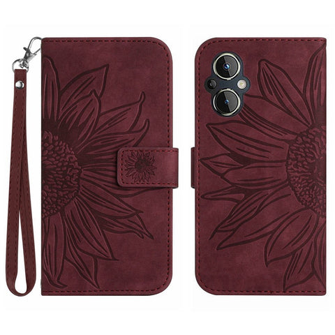 For OnePlus Nord N20 5G / Reno8 Lite 5G / Reno7 Lite 5G / Reno8 Z 5G / Reno7 Z 5G HT04 Phone Case, Fall-proof Skin-Touch PU Leather Imprinted Sunflower Stand Wallet Cover with Hand Strap