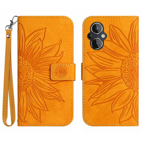 For OnePlus Nord N20 5G / Reno8 Lite 5G / Reno7 Lite 5G / Reno8 Z 5G / Reno7 Z 5G HT04 Phone Case, Fall-proof Skin-Touch PU Leather Imprinted Sunflower Stand Wallet Cover with Hand Strap