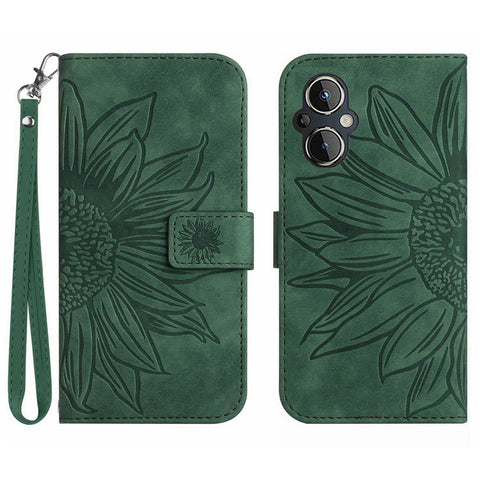 For OnePlus Nord N20 5G / Reno8 Lite 5G / Reno7 Lite 5G / Reno8 Z 5G / Reno7 Z 5G HT04 Phone Case, Fall-proof Skin-Touch PU Leather Imprinted Sunflower Stand Wallet Cover with Hand Strap