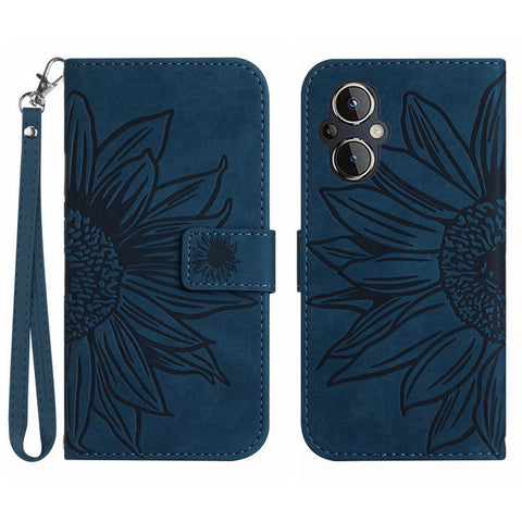 For OnePlus Nord N20 5G / Reno8 Lite 5G / Reno7 Lite 5G / Reno8 Z 5G / Reno7 Z 5G HT04 Phone Case, Fall-proof Skin-Touch PU Leather Imprinted Sunflower Stand Wallet Cover with Hand Strap