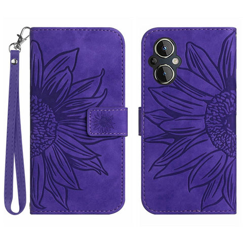 For OnePlus Nord N20 5G / Reno8 Lite 5G / Reno7 Lite 5G / Reno8 Z 5G / Reno7 Z 5G HT04 Phone Case, Fall-proof Skin-Touch PU Leather Imprinted Sunflower Stand Wallet Cover with Hand Strap
