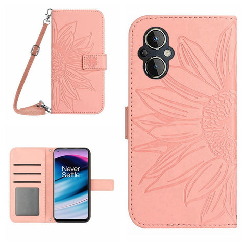 For OnePlus Nord N20 5G / Oppo Reno8 Lite 5G / Reno7 Lite 5G / Reno8 Z 5G / Reno7 Z 5G HT04 Imprinted Sunflower Skin-touch Leather Case Phone Stand Wallet Cover with Shoulder Strap