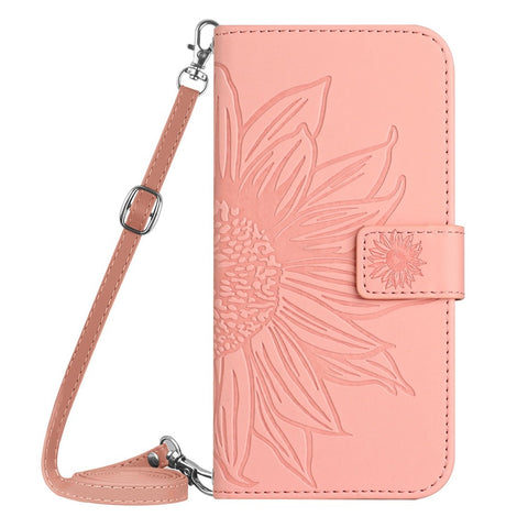For OnePlus Nord N20 5G / Oppo Reno8 Lite 5G / Reno7 Lite 5G / Reno8 Z 5G / Reno7 Z 5G HT04 Imprinted Sunflower Skin-touch Leather Case Phone Stand Wallet Cover with Shoulder Strap
