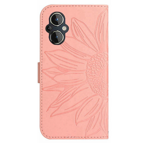 For OnePlus Nord N20 5G / Oppo Reno8 Lite 5G / Reno7 Lite 5G / Reno8 Z 5G / Reno7 Z 5G HT04 Imprinted Sunflower Skin-touch Leather Case Phone Stand Wallet Cover with Shoulder Strap
