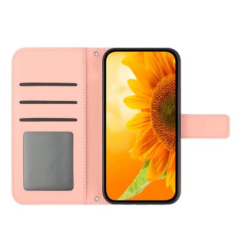 For OnePlus Nord N20 5G / Oppo Reno8 Lite 5G / Reno7 Lite 5G / Reno8 Z 5G / Reno7 Z 5G HT04 Imprinted Sunflower Skin-touch Leather Case Phone Stand Wallet Cover with Shoulder Strap