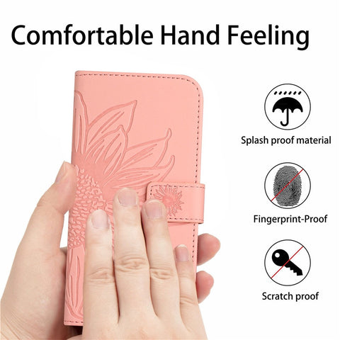 For OnePlus Nord N20 5G / Oppo Reno8 Lite 5G / Reno7 Lite 5G / Reno8 Z 5G / Reno7 Z 5G HT04 Imprinted Sunflower Skin-touch Leather Case Phone Stand Wallet Cover with Shoulder Strap
