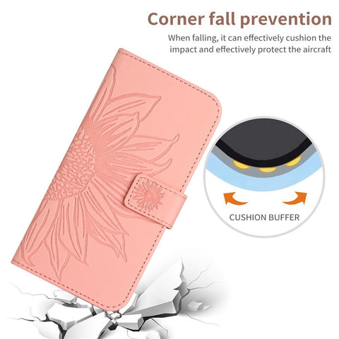 For OnePlus Nord N20 5G / Oppo Reno8 Lite 5G / Reno7 Lite 5G / Reno8 Z 5G / Reno7 Z 5G HT04 Imprinted Sunflower Skin-touch Leather Case Phone Stand Wallet Cover with Shoulder Strap