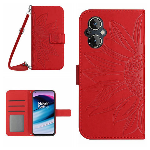 For OnePlus Nord N20 5G / Oppo Reno8 Lite 5G / Reno7 Lite 5G / Reno8 Z 5G / Reno7 Z 5G HT04 Imprinted Sunflower Skin-touch Leather Case Phone Stand Wallet Cover with Shoulder Strap