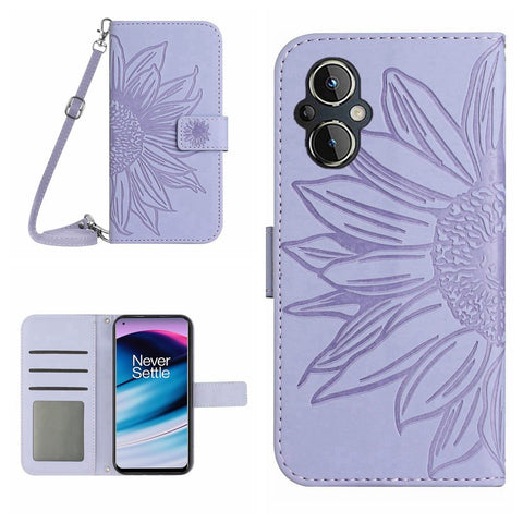 For OnePlus Nord N20 5G / Oppo Reno8 Lite 5G / Reno7 Lite 5G / Reno8 Z 5G / Reno7 Z 5G HT04 Imprinted Sunflower Skin-touch Leather Case Phone Stand Wallet Cover with Shoulder Strap
