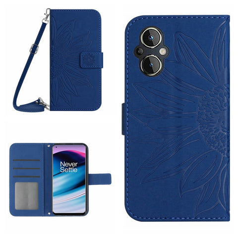 For OnePlus Nord N20 5G / Oppo Reno8 Lite 5G / Reno7 Lite 5G / Reno8 Z 5G / Reno7 Z 5G HT04 Imprinted Sunflower Skin-touch Leather Case Phone Stand Wallet Cover with Shoulder Strap