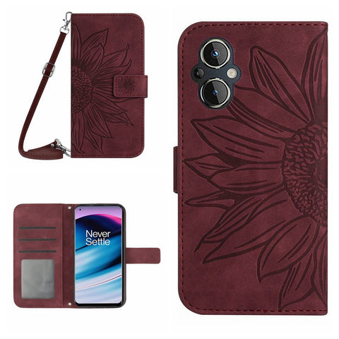 For OnePlus Nord N20 5G / Oppo Reno8 Lite 5G / Reno7 Lite 5G / Reno8 Z 5G / Reno7 Z 5G HT04 Imprinted Sunflower Skin-touch Leather Case Phone Stand Wallet Cover with Shoulder Strap