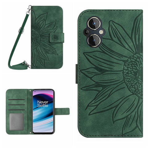 For OnePlus Nord N20 5G / Oppo Reno8 Lite 5G / Reno7 Lite 5G / Reno8 Z 5G / Reno7 Z 5G HT04 Imprinted Sunflower Skin-touch Leather Case Phone Stand Wallet Cover with Shoulder Strap