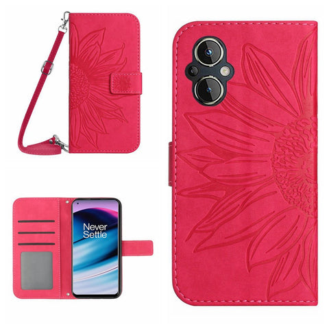 For OnePlus Nord N20 5G / Oppo Reno8 Lite 5G / Reno7 Lite 5G / Reno8 Z 5G / Reno7 Z 5G HT04 Imprinted Sunflower Skin-touch Leather Case Phone Stand Wallet Cover with Shoulder Strap