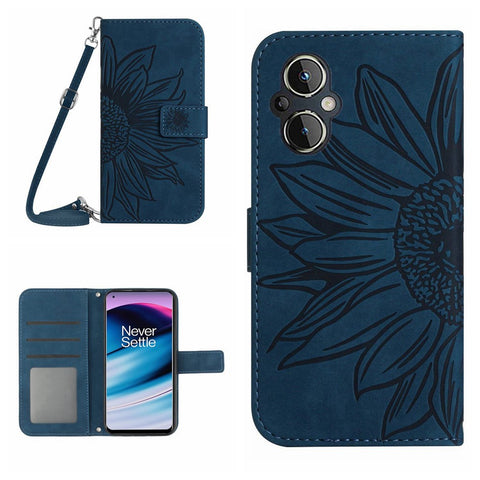 For OnePlus Nord N20 5G / Oppo Reno8 Lite 5G / Reno7 Lite 5G / Reno8 Z 5G / Reno7 Z 5G HT04 Imprinted Sunflower Skin-touch Leather Case Phone Stand Wallet Cover with Shoulder Strap