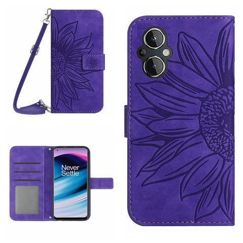For OnePlus Nord N20 5G / Oppo Reno8 Lite 5G / Reno7 Lite 5G / Reno8 Z 5G / Reno7 Z 5G HT04 Imprinted Sunflower Skin-touch Leather Case Phone Stand Wallet Cover with Shoulder Strap