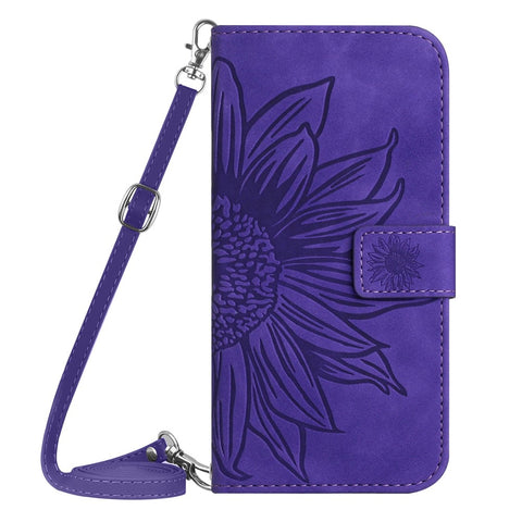 Anti-scratch Skin-touch Phone Case For OnePlus 10T 5G / Ace Pro 5G HT04 Imprinted Sunflower PU Leather Wallet Stand Cover with Shoulder Strap