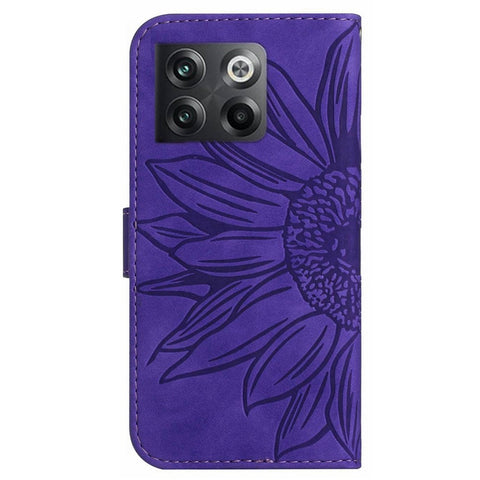 Anti-scratch Skin-touch Phone Case For OnePlus 10T 5G / Ace Pro 5G HT04 Imprinted Sunflower PU Leather Wallet Stand Cover with Shoulder Strap
