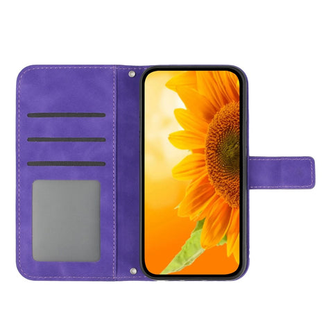 Anti-scratch Skin-touch Phone Case For OnePlus 10T 5G / Ace Pro 5G HT04 Imprinted Sunflower PU Leather Wallet Stand Cover with Shoulder Strap