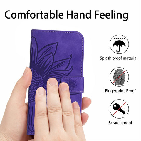 Anti-scratch Skin-touch Phone Case For OnePlus 10T 5G / Ace Pro 5G HT04 Imprinted Sunflower PU Leather Wallet Stand Cover with Shoulder Strap