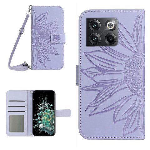 Anti-scratch Skin-touch Phone Case For OnePlus 10T 5G / Ace Pro 5G HT04 Imprinted Sunflower PU Leather Wallet Stand Cover with Shoulder Strap
