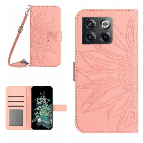 Anti-scratch Skin-touch Phone Case For OnePlus 10T 5G / Ace Pro 5G HT04 Imprinted Sunflower PU Leather Wallet Stand Cover with Shoulder Strap