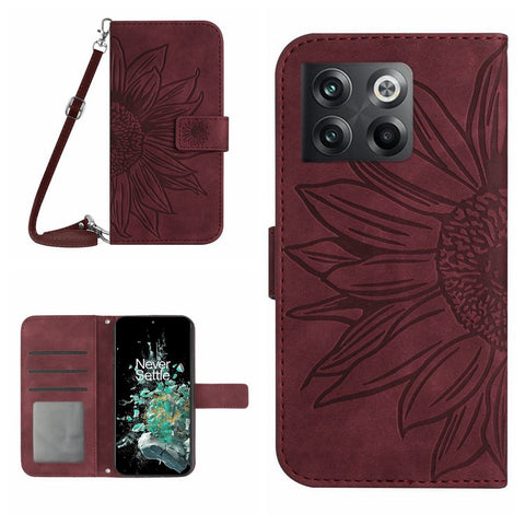 Anti-scratch Skin-touch Phone Case For OnePlus 10T 5G / Ace Pro 5G HT04 Imprinted Sunflower PU Leather Wallet Stand Cover with Shoulder Strap