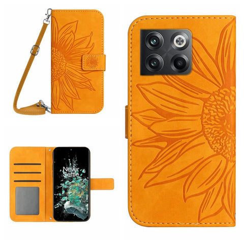 Anti-scratch Skin-touch Phone Case For OnePlus 10T 5G / Ace Pro 5G HT04 Imprinted Sunflower PU Leather Wallet Stand Cover with Shoulder Strap