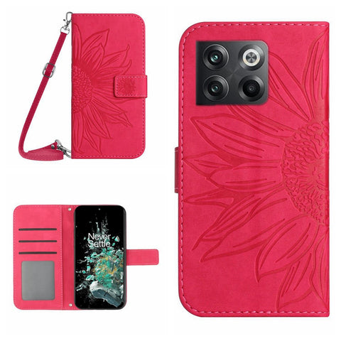 Anti-scratch Skin-touch Phone Case For OnePlus 10T 5G / Ace Pro 5G HT04 Imprinted Sunflower PU Leather Wallet Stand Cover with Shoulder Strap