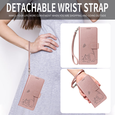 For Oppo A5 Energy 5G (China) / Oppo A5 Pro 5G (Global) Case Cat Pattern Imprint Leather Phone Cover with Wrist Strap