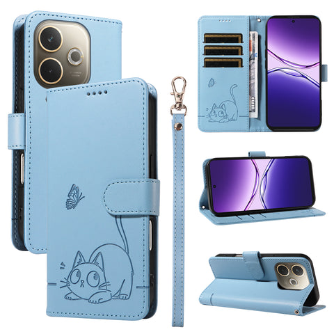For Oppo A5 Energy 5G (China) / Oppo A5 Pro 5G (Global) Case Cat Pattern Imprint Leather Phone Cover with Wrist Strap