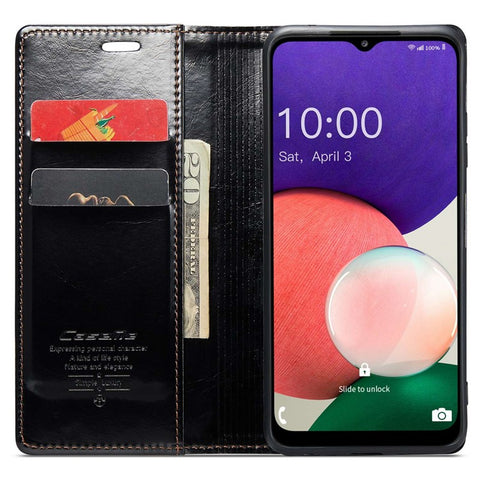 CASEME 003 Series For Samsung Galaxy A22 5G (EU Version) / F42 5G Waxy Texture Phone Wallet Stand Case PU Leather Magnetic Auto Closing Cover