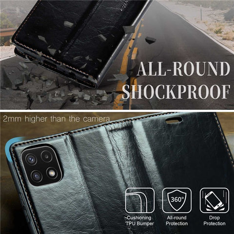 CASEME 003 Series For Samsung Galaxy A22 5G (EU Version) / F42 5G Waxy Texture Phone Wallet Stand Case PU Leather Magnetic Auto Closing Cover