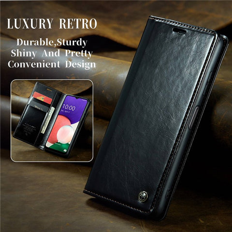 CASEME 003 Series For Samsung Galaxy A22 5G (EU Version) / F42 5G Waxy Texture Phone Wallet Stand Case PU Leather Magnetic Auto Closing Cover