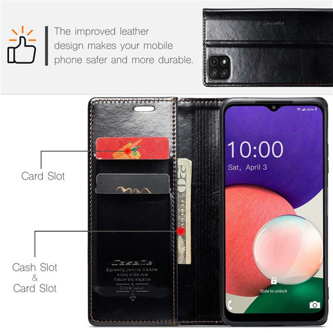 CASEME 003 Series For Samsung Galaxy A22 5G (EU Version) / F42 5G Waxy Texture Phone Wallet Stand Case PU Leather Magnetic Auto Closing Cover