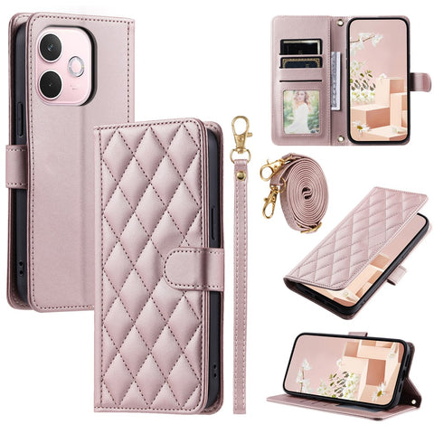 PU Leather Case for Oppo A5 Pro 5G (Global) / A5 Pro 4G (Global) / A5 Energy 5G (China) Wallet Rhombus Grid Phone Cover with Shoulder Strap / Wrist Strap
