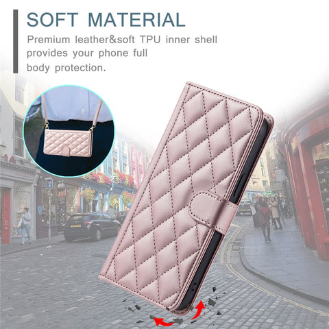 PU Leather Case for Oppo A5 Pro 5G (Global) / A5 Pro 4G (Global) / A5 Energy 5G (China) Wallet Rhombus Grid Phone Cover with Shoulder Strap / Wrist Strap